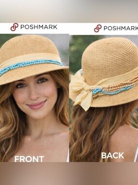 Sun N Sand Beige Straw Beaded Sun Hat with Wooden, Turquoise & tan Accents UPF50